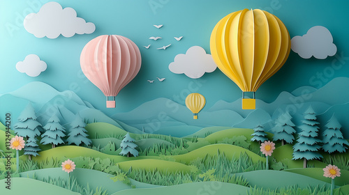Paper cut of Summer season on green nature landscape, hot air balloons and clouds on blue sky background with yellow color cylinder podium for products display presentation