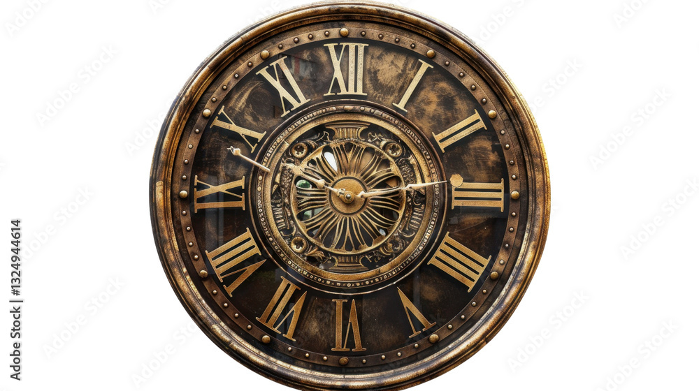 Obraz premium Vintage clock showing time with roman numerals on transparent background