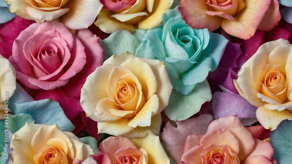 Fototapeta premium Vibrant multicolored roses floral background in soft pastel tones