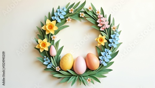Elegant Easter wreath with pastel eggs and spring flowers