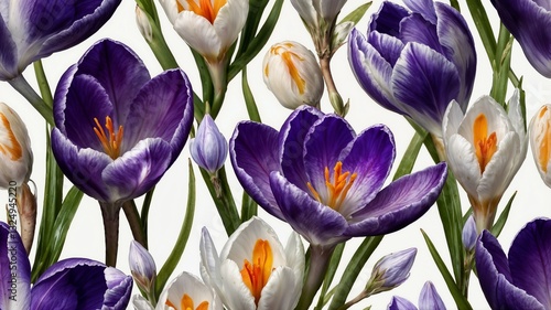 Vibrant purple and white crocus flowers on a white background