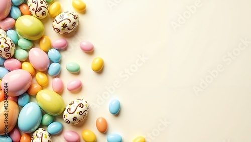 Pastel Easter eggs on soft beige background with copy space