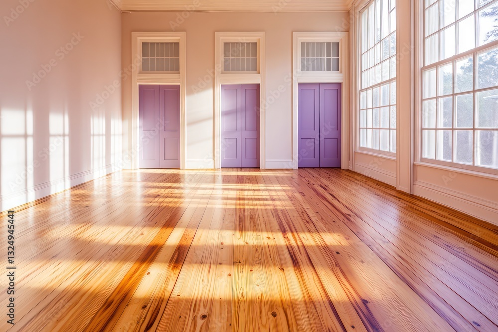 Fototapeta premium An empty room showcasing espresso-stained pine wood floors with soft lavender doors