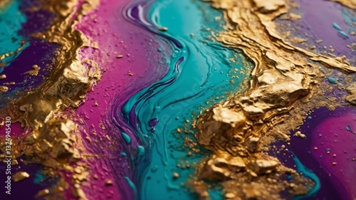 Abstract fluid art with gold, teal, and purple textures