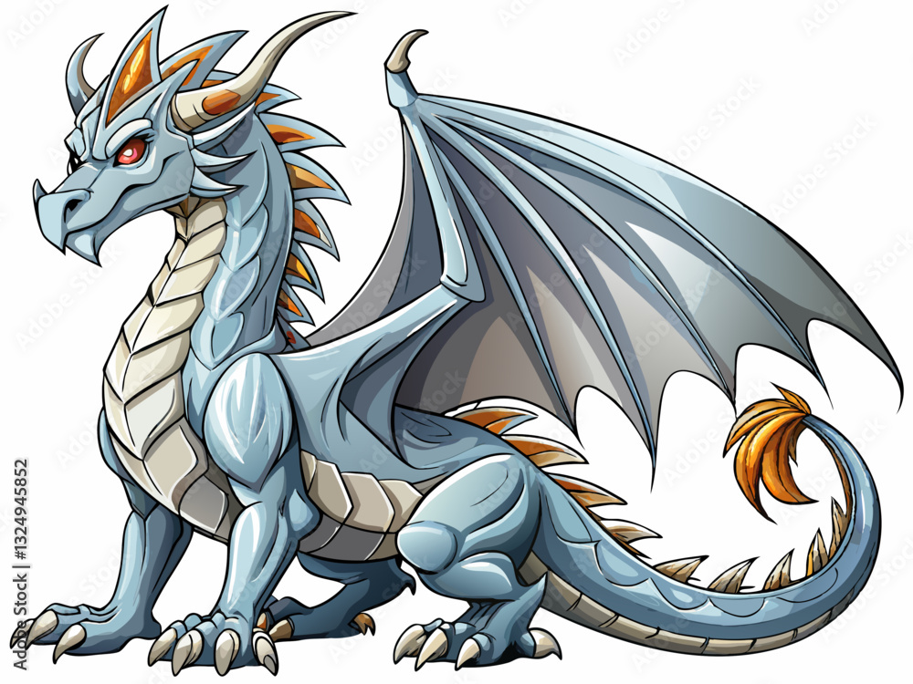 Naklejka premium vector of A detailed, stylized silver dragon in a relaxed pose, showcasing its majestic features.