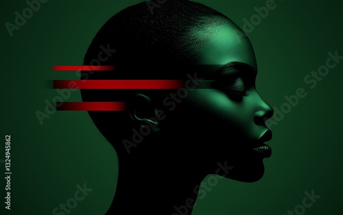 Serene Woman Profile Portrait with Bold Red Stripes