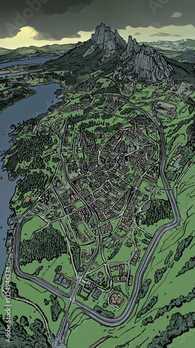 Aerial View of Fictional Town Landscape