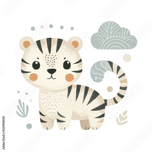 Playful tiger surrounded by entertaining nature elements