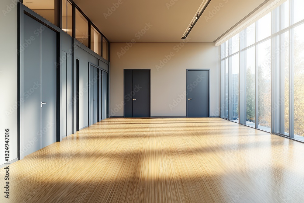 An image of an empty room with sleek bamboo wood floors and slate gray doors, illuminated by natural light from expansive ceiling-to-floor windows An image of an empty room with sleek bamboo wood floors and slate gray doors, illuminated by natural light from expansive ceiling-to-floor windows