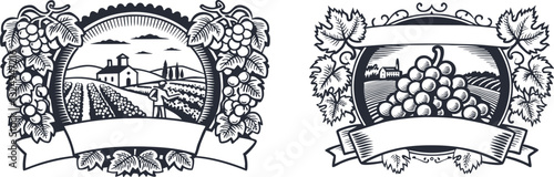 set of Grapes harvest label vector illustration, engraving sketch ink poster black illustration etching style tattoo, Woodcut clean line Grapes, Symbol, Vineyard, Woodcut, Harvest, Drawing, Ribbon
