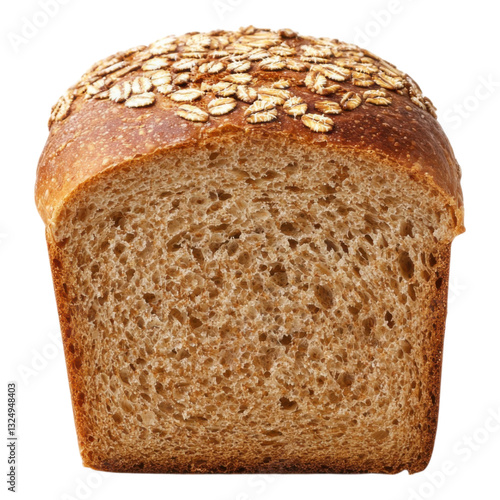 A loaf of whole grain bread topped with oats, showcasing a golden-brown crust and a textured surface.