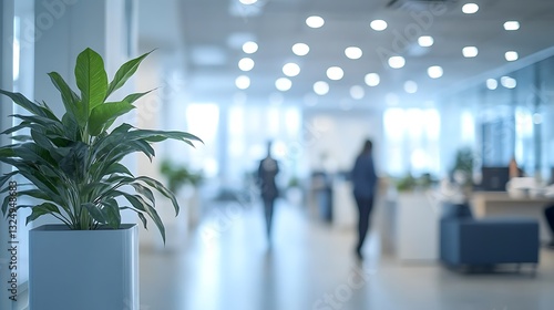 Potted Plant on Desk in Modern Office, A potted plant on a desk in a modern office with blurred background