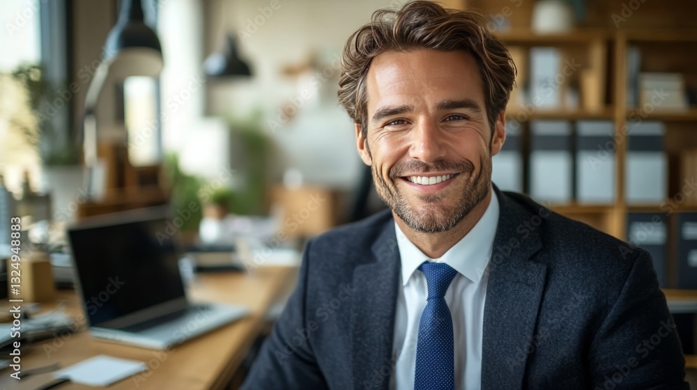 A close-up front view of a happy businessman in an elegant office, his desk featuring a laptop, a penholder, and a cup of coffee A close-up front view of a happy businessman in an elegant office, his desk featuring a laptop, a penholder, and a cup of coffee