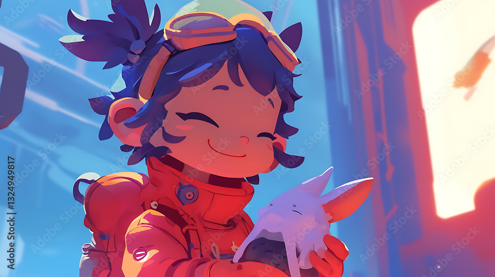 A cheerful child in a futuristic setting holds a small creature, surrounded by vibrant technology A cheerful child in a futuristic setting holds a small creature, surrounded by vibrant technology