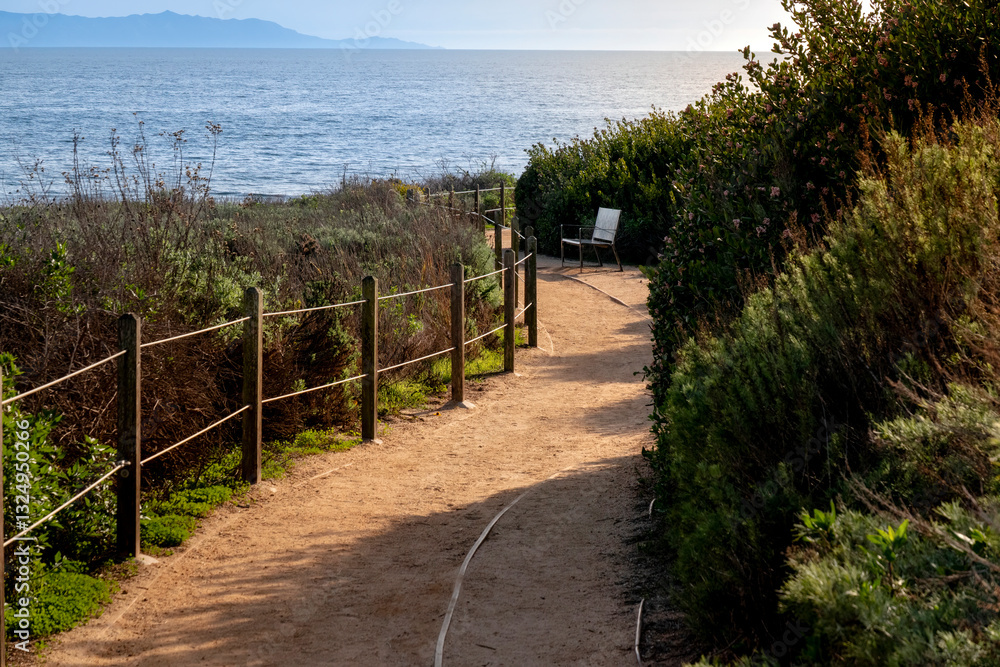 Rich greenery and landscape lined dirt path that has a full ocean view to the horizon