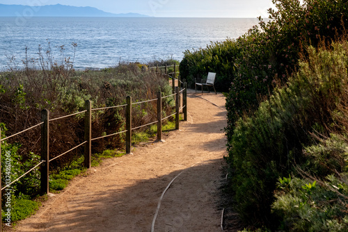 Obraz na płótnie Rich greenery and landscape lined dirt path that has a full ocean view to the horizon w salonie