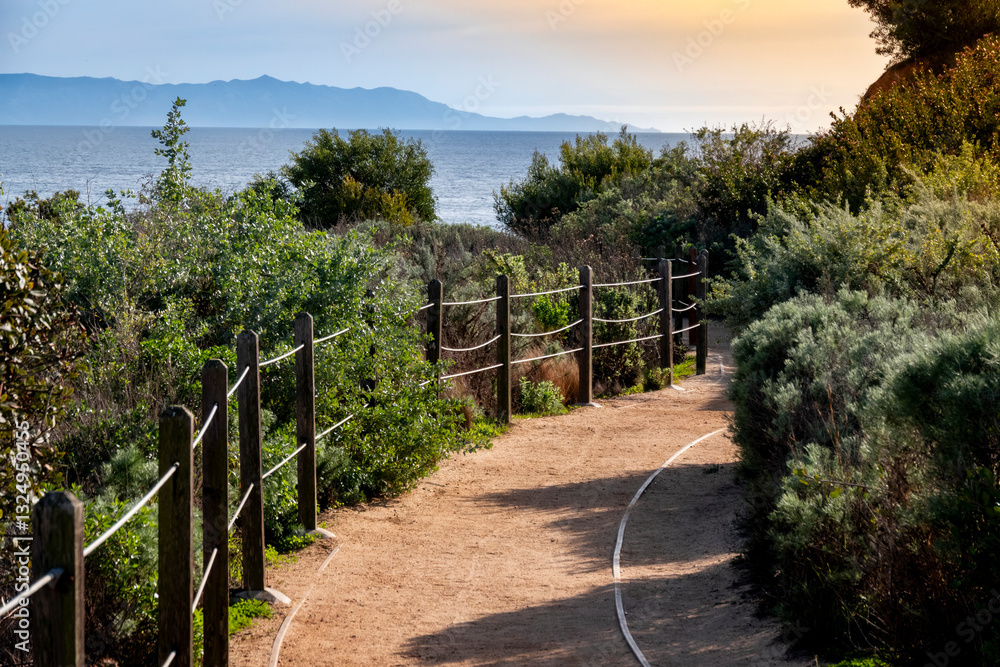 Rich greenery and landscape lined dirt path that has a full ocean view to the horizon