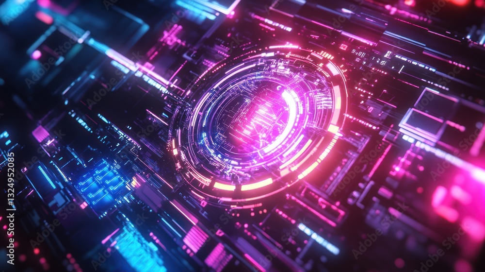 Fototapeta premium Neon Cyberpunk Circuitry: Abstract Digital Landscape