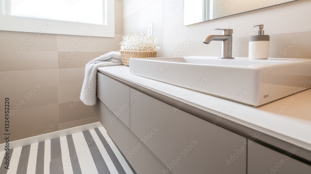 Modern Bathroom with Striped Tile Floor and Bright Lighting Modern Bathroom with Striped Tile Floor and Bright Lighting