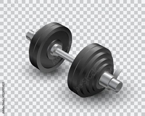 Beautiful realistic perspective view fitness vector of black iron loadable dumbbell on transparent background.