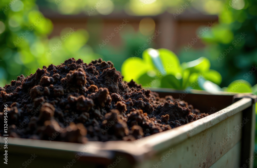 Backyard Compost Bin with Rich Soil and Green Plants Backyard Compost Bin with Rich Soil and Green Plants