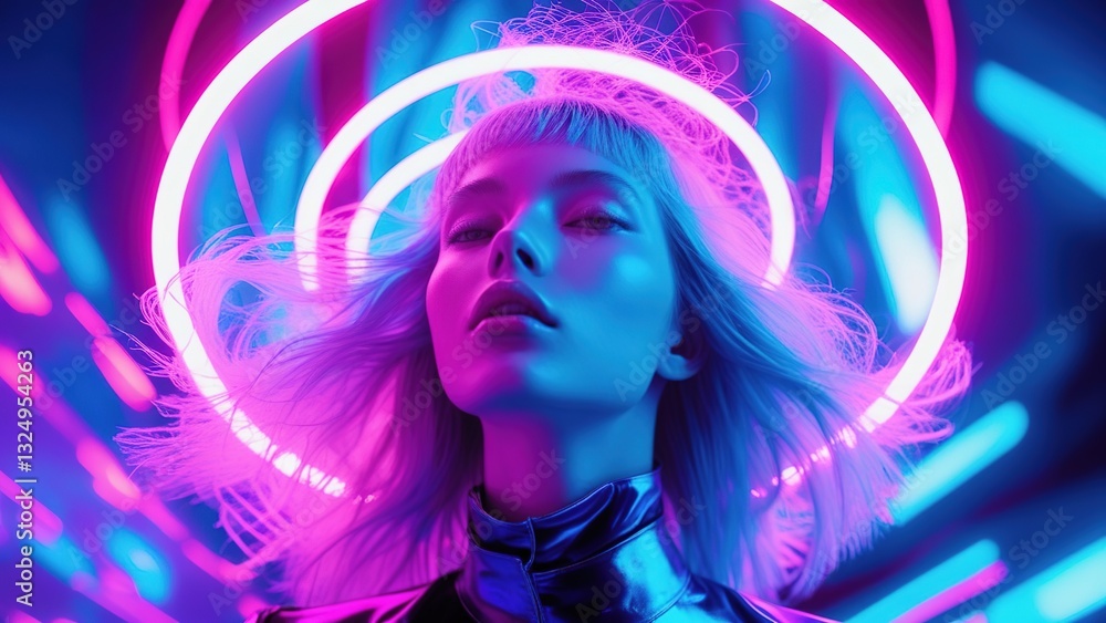 Model Poses Dramatically Under Neon Lights in a Vibrant Setting Highlighting Beauty and Artistry Model Poses Dramatically Under Neon Lights in a Vibrant Setting Highlighting Beauty and Artistry