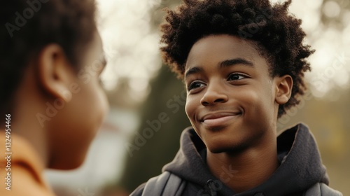 Afro-american teenager trying to make peace with friend, helping boy in need