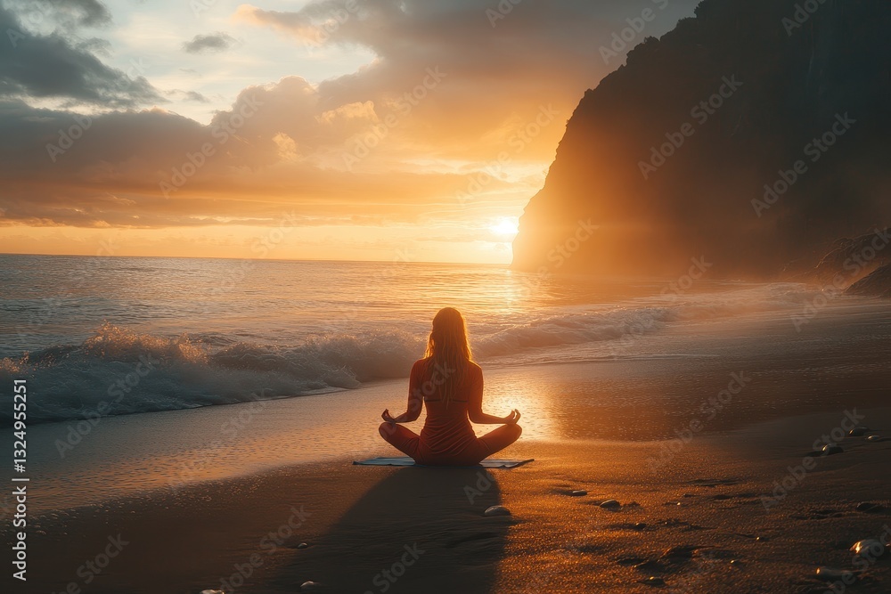 Meditation at sunset on a tranquil beach with gentle waves lapping the shore and mountains silhouetted against the glowing sky Meditation at sunset on a tranquil beach with gentle waves lapping the shore and mountains silhouetted against the glowing sky