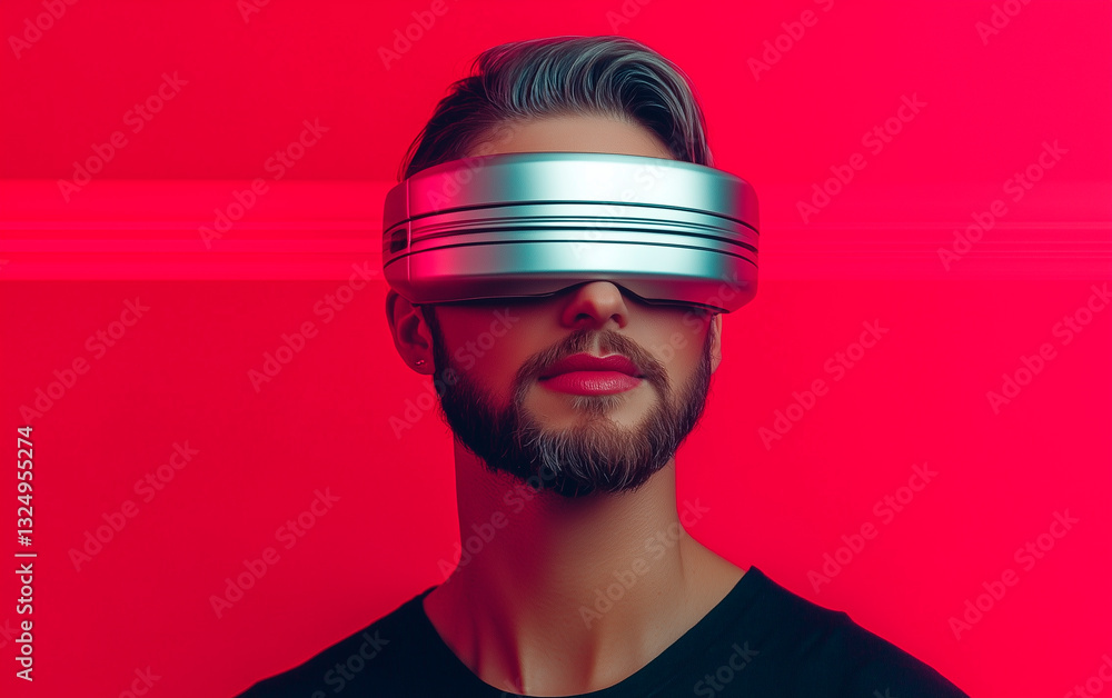 Fototapeta premium Fashion and sci-fi concept. Abstract man studio portrait with make-up and big futuristic metallic glasses or helmet covering her eyes. Model wearing 
