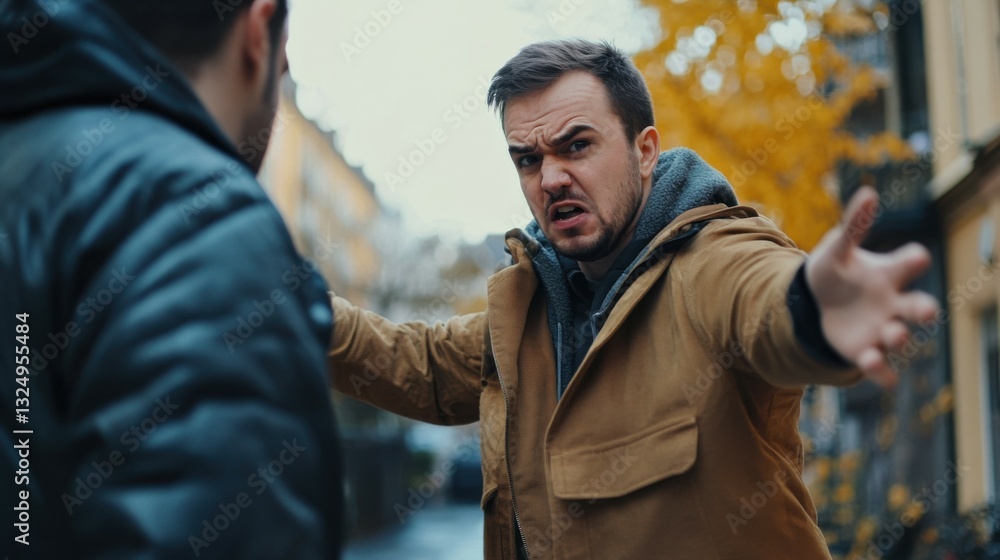 Fototapeta premium Angry man pushing threatening male outdoors solving problem force, aggression