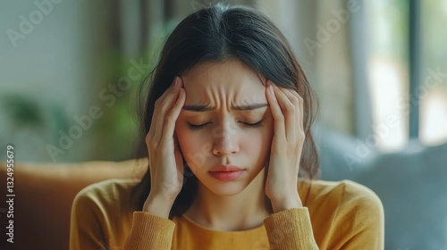 Woman suffering headache due to imaginary problems in pms, hormone imbalance