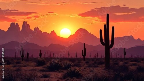 Arizona's Fiery Sunset: Saguaro Cacti Silhouetted Against a Dramatic Mountain Range