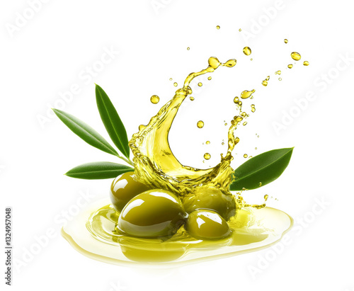 Green olives with twigs in olive oil splashes isolated on white background.