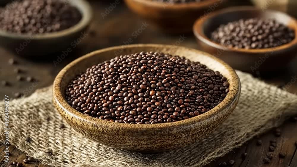 Earthy Brown Seeds in Decorative Bowls on a Rustic Wooden Surface Earthy Brown Seeds in Decorative Bowls on a Rustic Wooden Surface