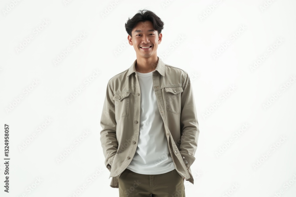 Half-Length (Waist-Up) portrait of young stylish smiling Indonesian male model in preppy wear isolated on pure white background looking at camera Half-Length (Waist-Up) portrait of young stylish smiling Indonesian male model in preppy wear isolated on pure white background looking at camera