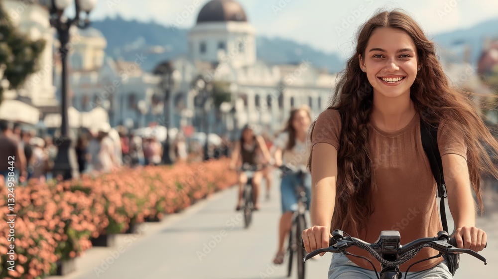 Naklejka premium Electric bike riders enjoying flower-filled paths in a vibrant urban setting with happy faces