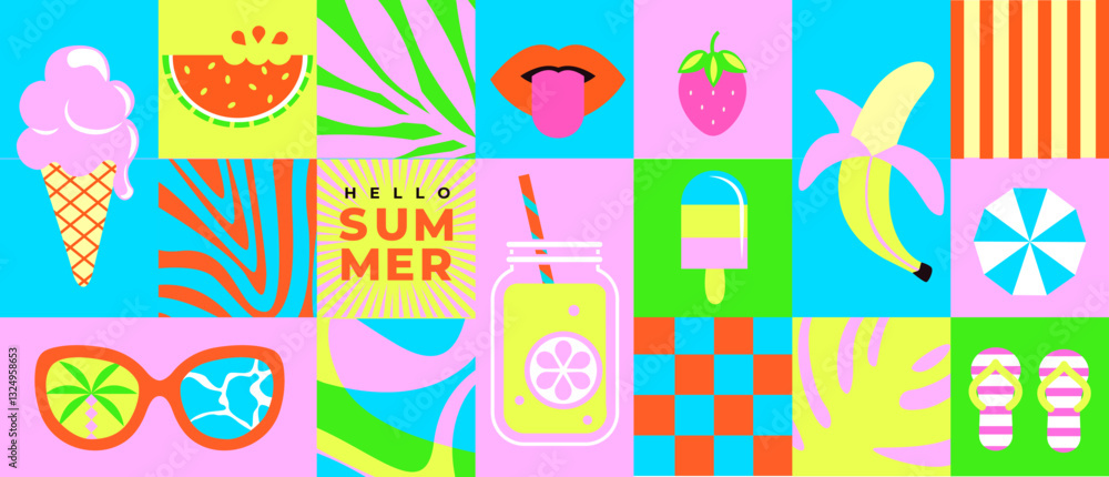 Summer geometric tile banner with simple geometry shapes and symbols of hot season-watermelon,ice cream, sunglases.Design for posters,flyers,covers,web,social media, design, marketing and print.Vector Summer geometric tile banner with simple geometry shapes and symbols of hot season-watermelon,ice cream, sunglases.Design for posters,flyers,covers,web,social media, design, marketing and print.Vector