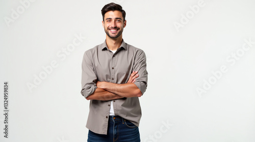 handsome man wearing button down shirt smiling modeling with arms crossed in front of white background