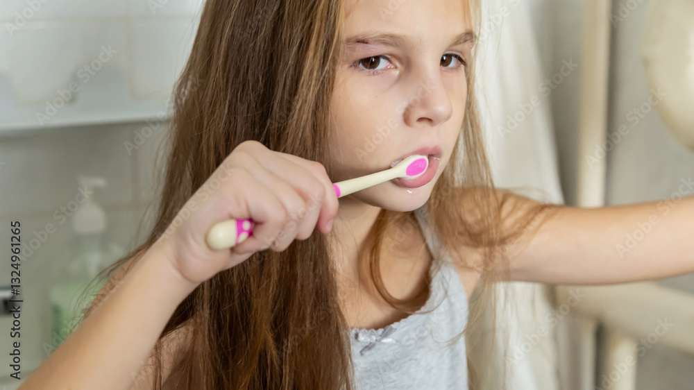 Portrait of child girl cleaning mouth with a toothbrush at bathroom Portrait of child girl cleaning mouth with a toothbrush at bathroom