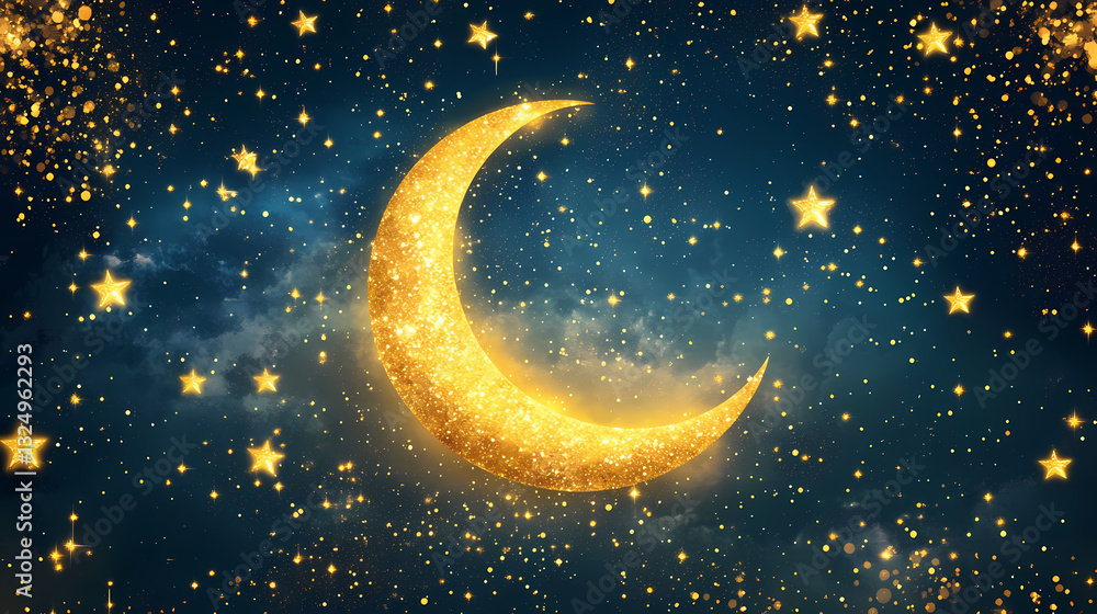 Naklejka premium Celestial night: golden crescent moon and sparkling stars. Astral Luster. Illustration