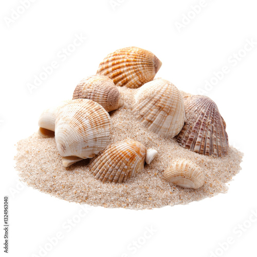 A collection of various seashells resting on a mound of fine sand, showcasing intricate patterns and natural colors.