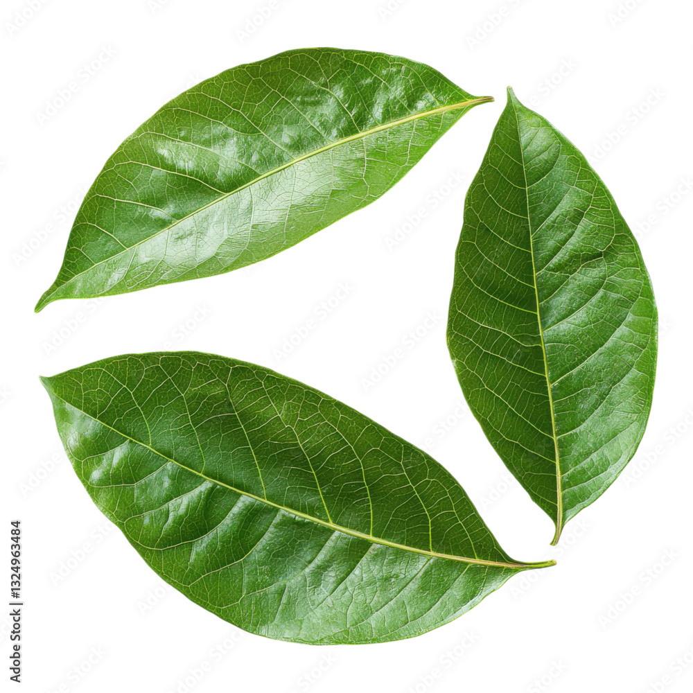 Obraz premium Three vibrant green leaves arranged in a circular formation, showcasing their smooth texture and rich coloration.