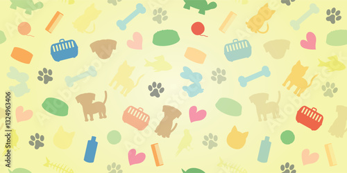 Colorful Pet Shop Background - Colored Silhouettes of Pets and Pet Shop Items on Yellow Gradient Rectangular Background.