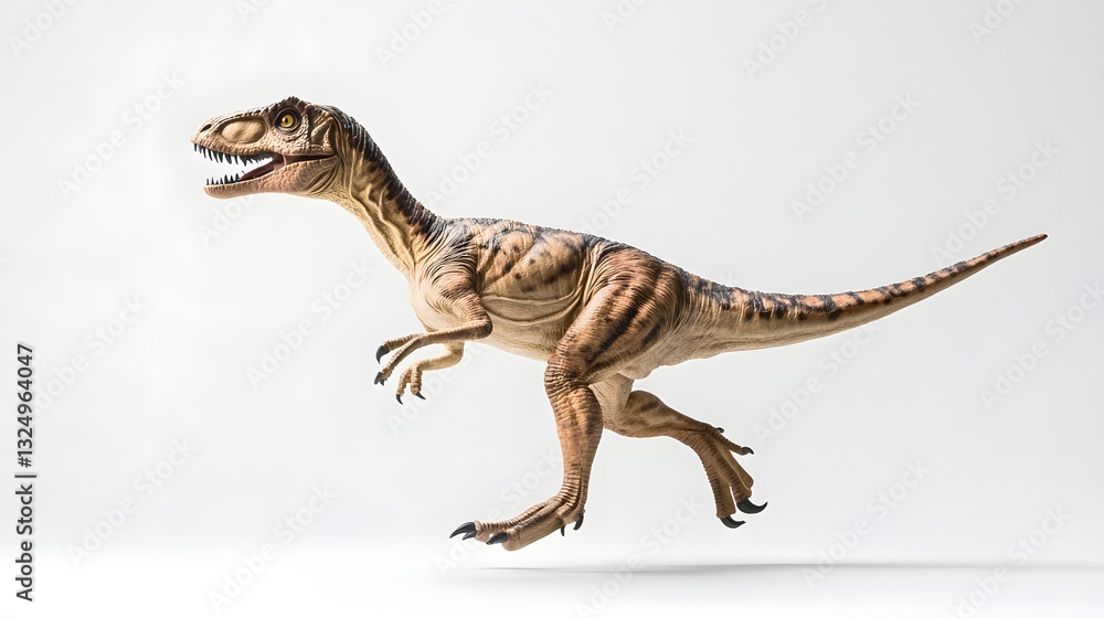 Side profile of Velociraptor running at full speed, its legs extended and tail trailing behind, on a simple neutral backdrop Side profile of Velociraptor running at full speed, its legs extended and tail trailing behind, on a simple neutral backdrop