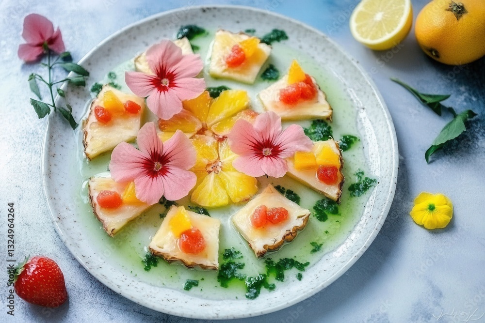 Delicious pineapple dessert decorated with edible flowers and citrus fruits Delicious pineapple dessert decorated with edible flowers and citrus fruits