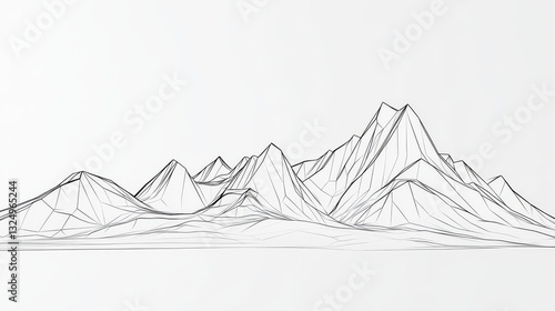 Abstract mountain landscape. Polygonal sketch. Outline background. Mountain range isolated on a white background. Line art. Black on white graphic. Low poly wireframe linear vector illustration. 