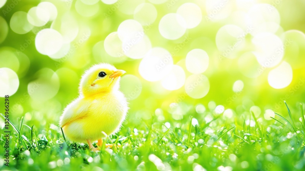 Chickling in Spring Grass, Sunlit Meadow Chickling in Spring Grass, Sunlit Meadow