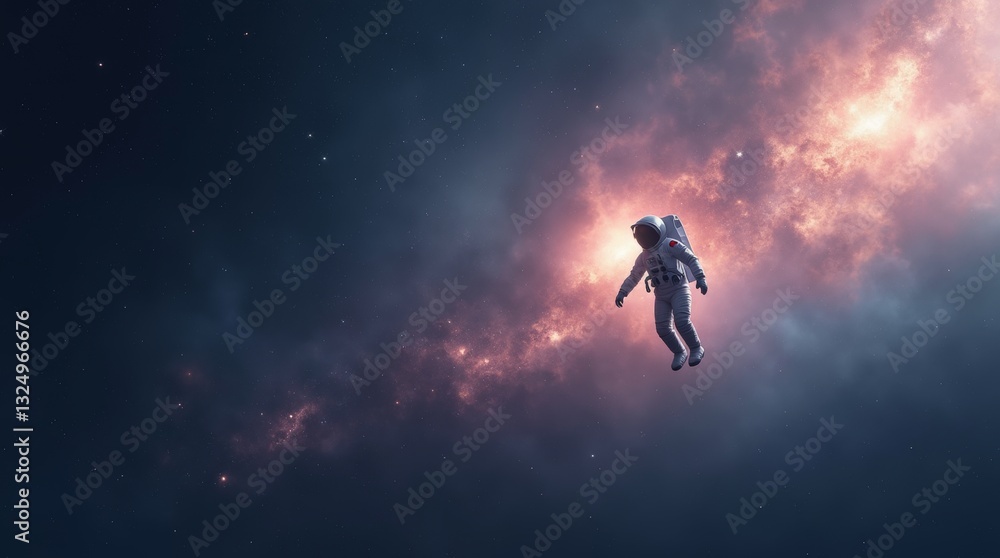 A lone astronaut floating in the vastness of space, illuminated by the soft glow of a distant galaxy. The cosmic background is filled with ethereal nebulae and scattered stars A lone astronaut floating in the vastness of space, illuminated by the soft glow of a distant galaxy. The cosmic background is filled with ethereal nebulae and scattered stars
