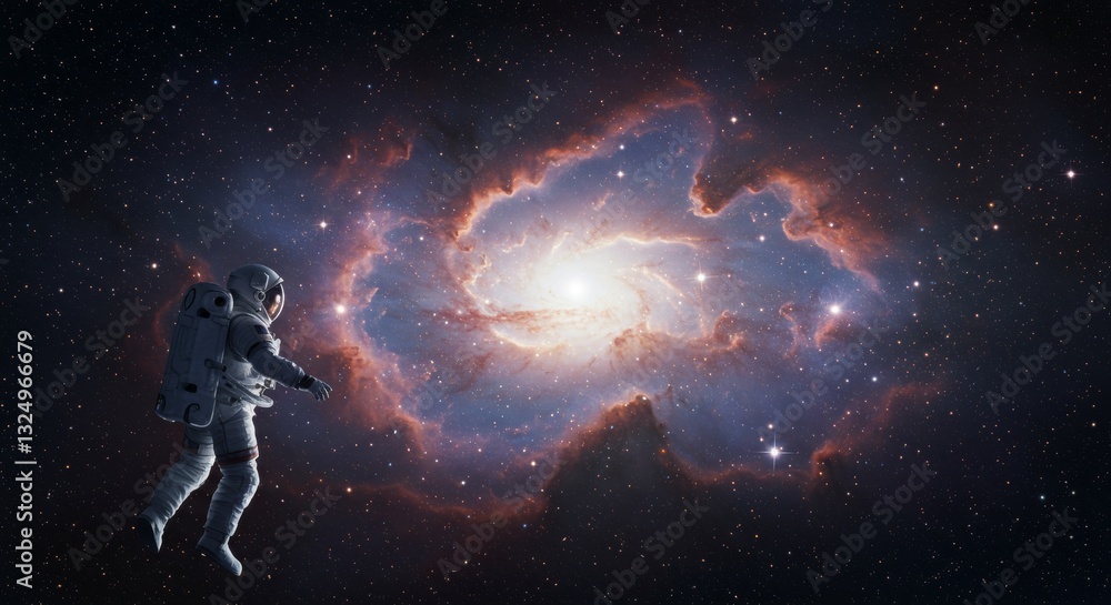 A lone astronaut floating in the vastness of space, illuminated by the soft glow of a distant galaxy. The cosmic background is filled with ethereal nebulae and scattered stars A lone astronaut floating in the vastness of space, illuminated by the soft glow of a distant galaxy. The cosmic background is filled with ethereal nebulae and scattered stars