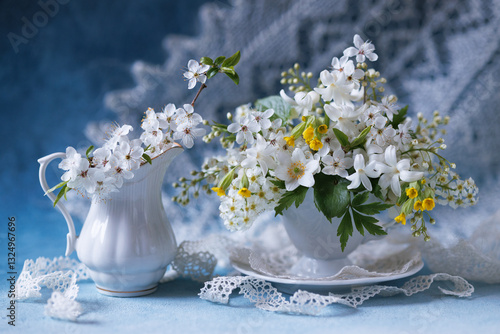 Beautiful still life with white and yellow spring flowers in a cup and jug, shawl on a blue background